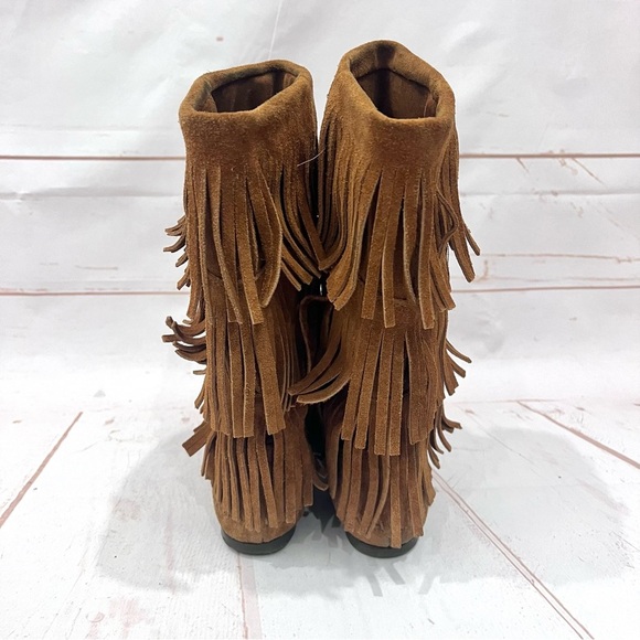 Minnetonka Boho Festival Leather Suede 3 Layer Fringe Moccasin Boots - Picture 7 of 9